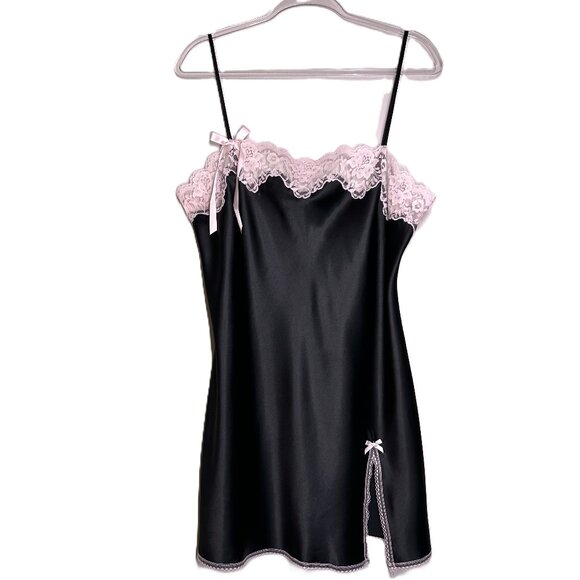 Victoria's Secret Angels Black Satin Pink Lace-Ribbon Slip Dress SZ Large Womens - Picture 6 of 16